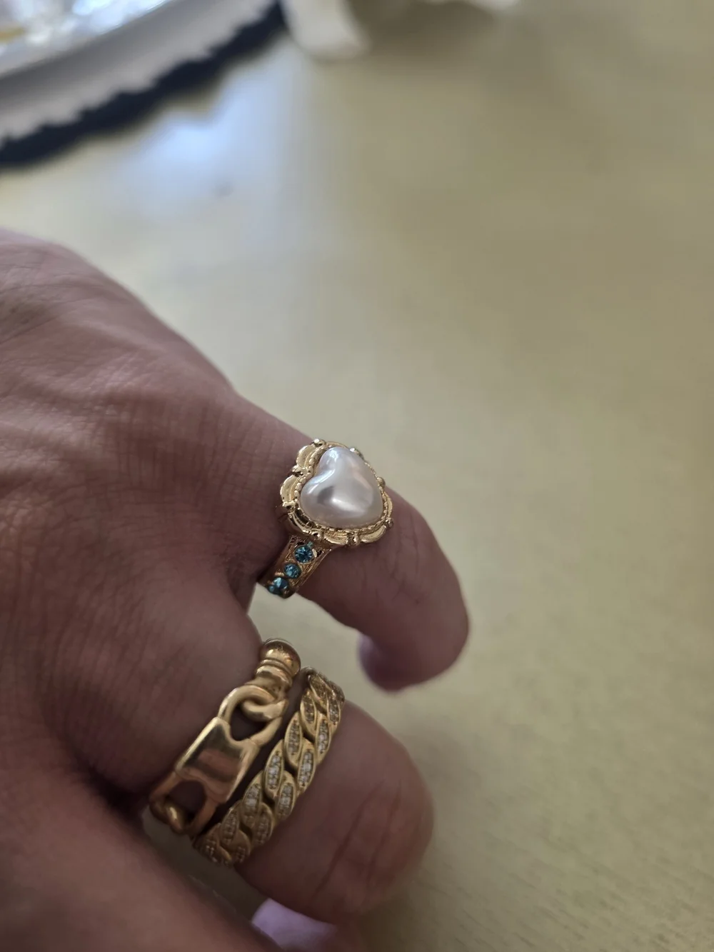 Gold White Pearl Teardrop Ring with Blue Accent  Stones